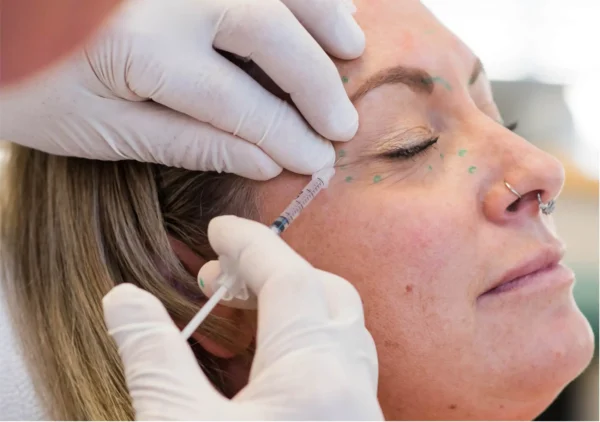 A woman having Botox injections in her upper face.