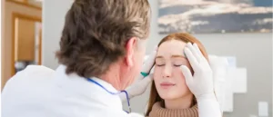 A dentist palpating and marking a female patient prior to Botox treatment.