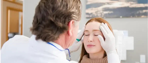 A dentist palpating and marking a female patient prior to Botox treatment.