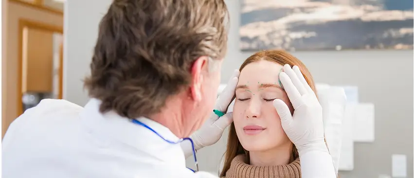 A dentist palpating and marking a female patient prior to Botox treatment.